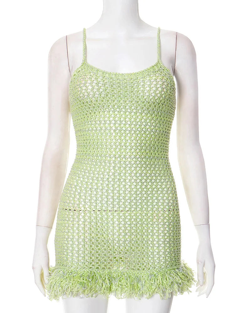 Spaghetti Strap Tassel Knit Mini Dress Women Summer New Hollow Out See Through Backless Beach Holiday Club Dress