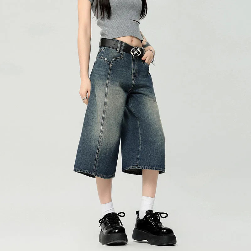 Men's High Street New American Style Casual Washed Cropped Male Denim Shorts Straight Leg Gradient Color Summer 9W1724