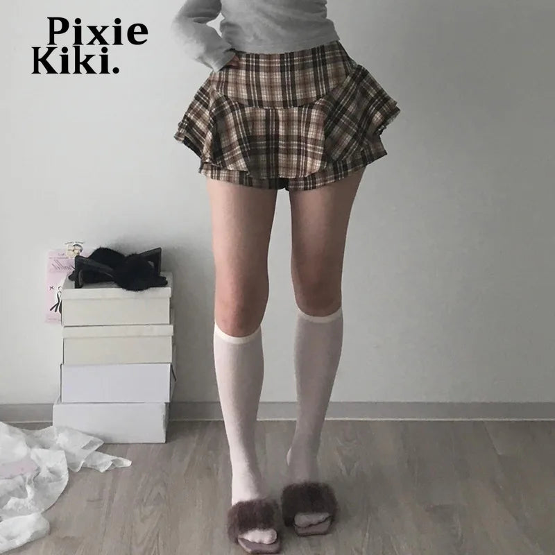 Brown Plaid Mini Skirts with Shorts Korean Style Kawaii High Waisted Skirt Fall Clothing Women 2024 P84-CA12