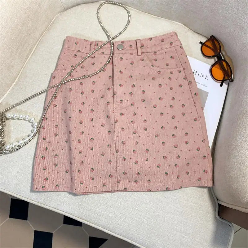 French Summer Women's Sweet Elegant Holiday Slim Wrapped Hip Short Skirt Vintage High Waist Strawberry Print Mini Skirts Fashion