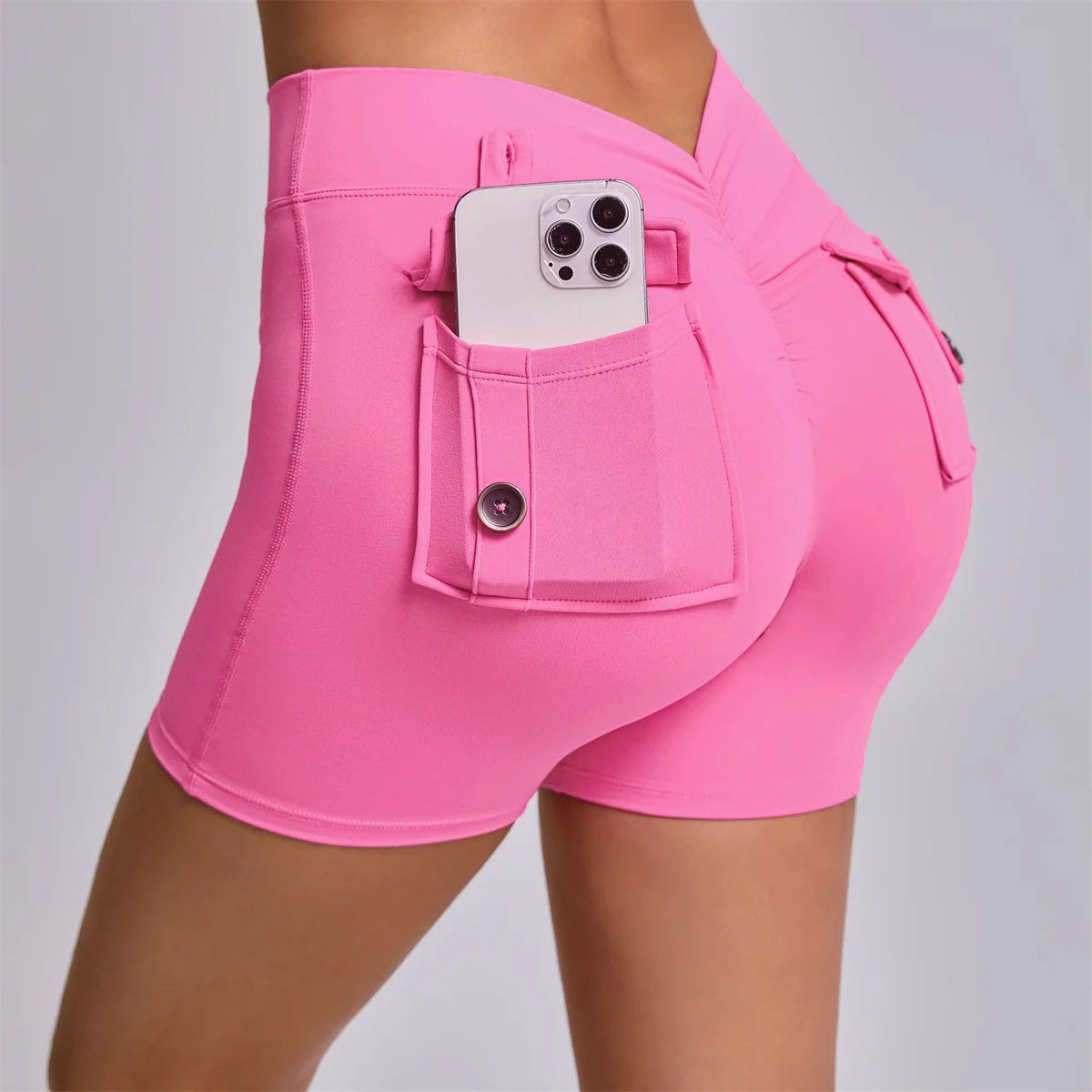 Deep V Back Yoga Shorts Women Pocket Scrunched Butt Gym Leggings High Waist Push Up Tights Sexy Booty Sports Shorts Fitness