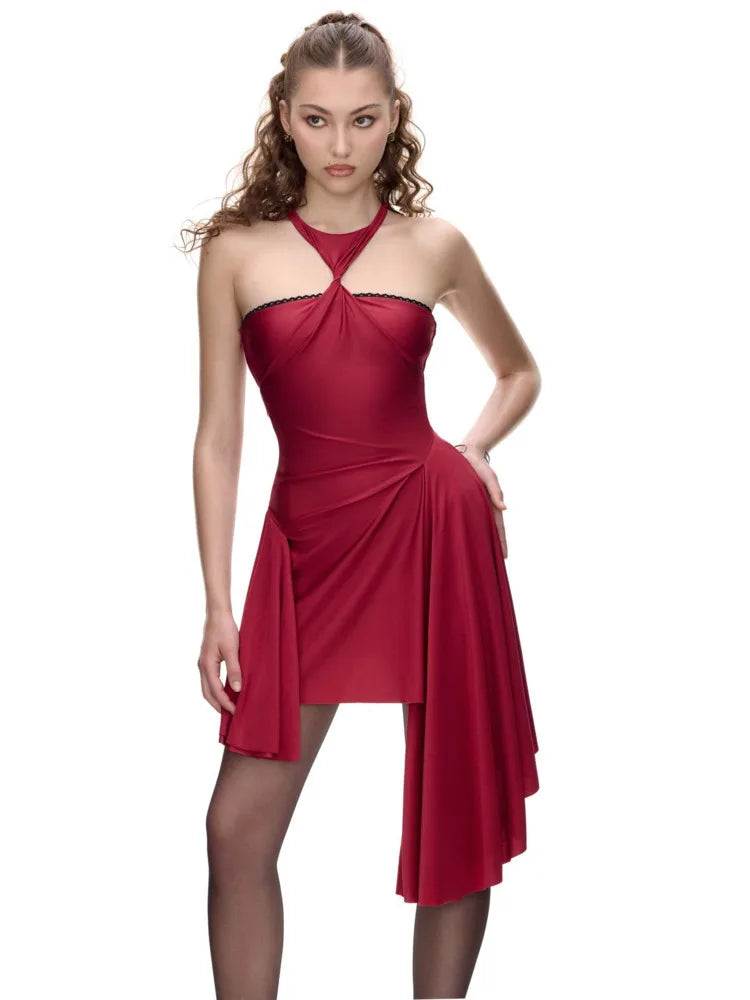 Sexy Sleeveless Hanging Collar Pleated Irregular Dress For Women Bodycon Backless Skirt Autumn Party Club Evening Dress