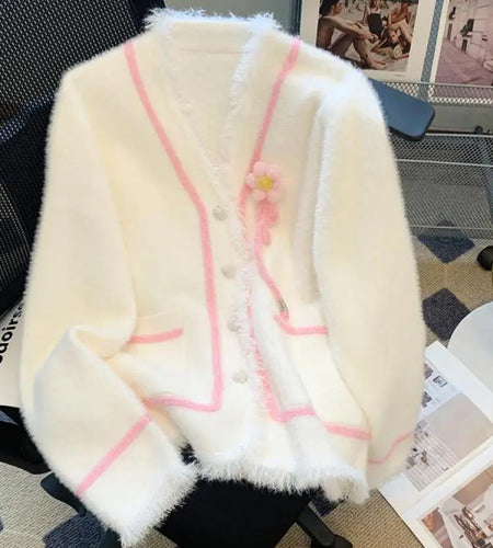 Autumn Winter Pink Blue Patchwork Elegant Button Knit Cardigan Tops Women Korean Fashion V-neck High Street Long Sleeve Sweater