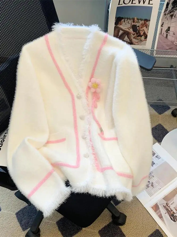 Autumn Winter Pink Blue Patchwork Elegant Button Knit Cardigan Tops Women Korean Fashion V-neck High Street Long Sleeve Sweater