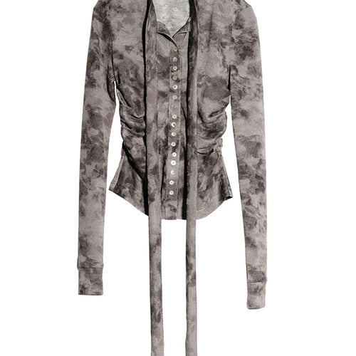 Load image into Gallery viewer, Women Gray Flocking Hollow Out Slim Bandage Bow T-shirt New Round Neck Long Sleeve Fashion Tide Spring Autumn 2025 1DH9347
