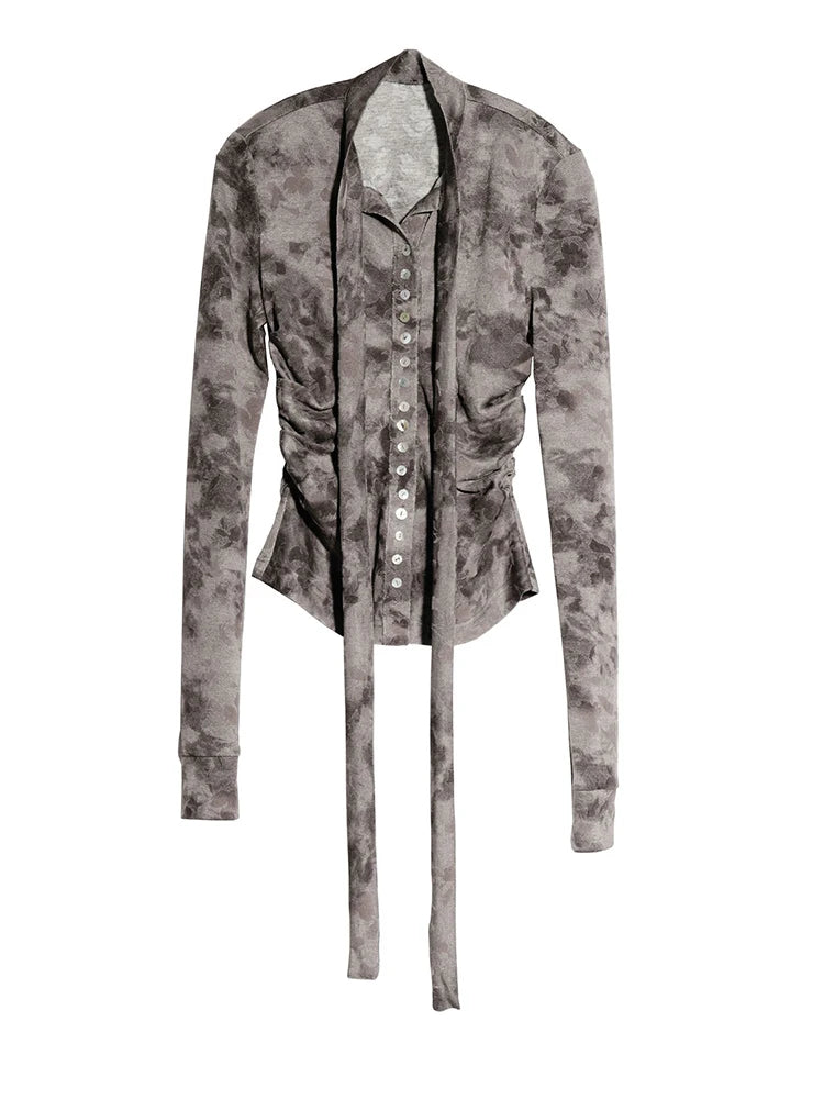 Women Gray Flocking Hollow Out Slim Bandage Bow T-shirt New Round Neck Long Sleeve Fashion Tide Spring Autumn 2025 1DH9347