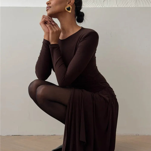 Load image into Gallery viewer, Long Sleeve Draped Ruched Sexy Maxi Dress For Women Gown Fashion Solid O Neck Bodycon Club Elegant Mini Dress Vestido
