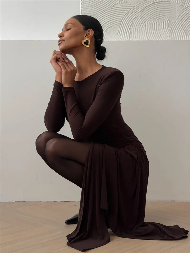 Long Sleeve Draped Ruched Sexy Maxi Dress For Women Gown Fashion Solid O Neck Bodycon Club Elegant Mini Dress Vestido