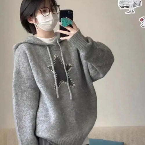 Load image into Gallery viewer, Korean Version Beige Gray Patchwork Drawstring Hoodie Sweater For Women Autumn Winter Thick Long Sleeved Knitted Pullover Tops
