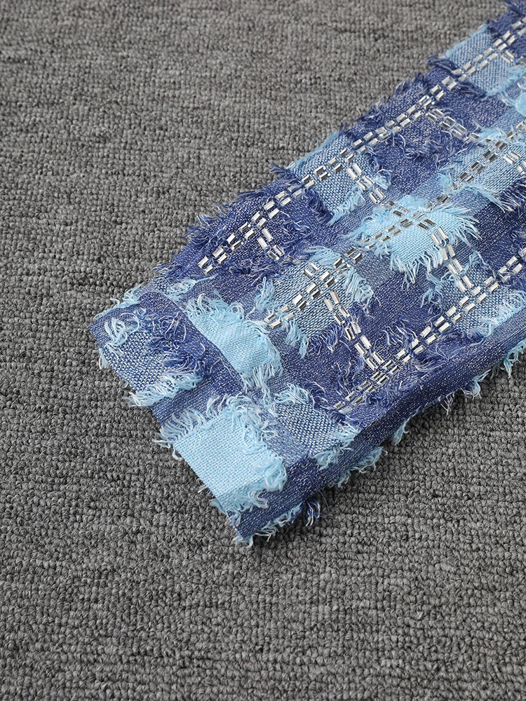 Women Blue Plaid Rhinestones Burr Big Size Blouse New Lapel Long Sleeve Shirt Fashion Tide Spring Autumn 2025 29L6766