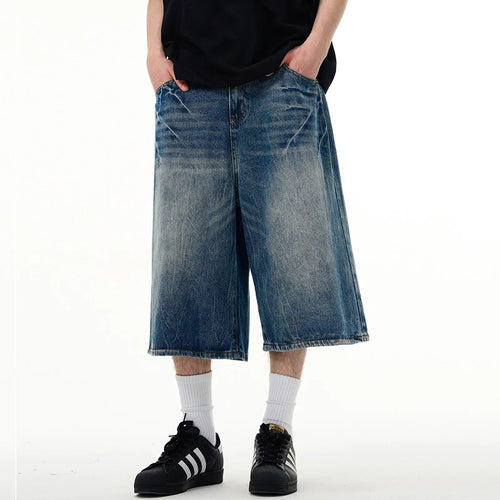 Load image into Gallery viewer, Wide Leg Men&#39;s Short Jeans American Washed Lightning Pattern Male Denim Shorts Loose Chic Men Bottoms Summer 9W1474
