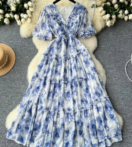 French Retro Women Floral Temperament V Neck Short Sleeved Ruffles Long Dress Summer Elegant Lace-up Party Pleated Dresses Boho