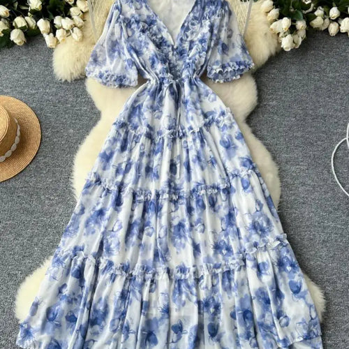 Load image into Gallery viewer, French Retro Women Floral Temperament V Neck Short Sleeved Ruffles Long Dress Summer Elegant Lace-up Party Pleated Dresses Boho
