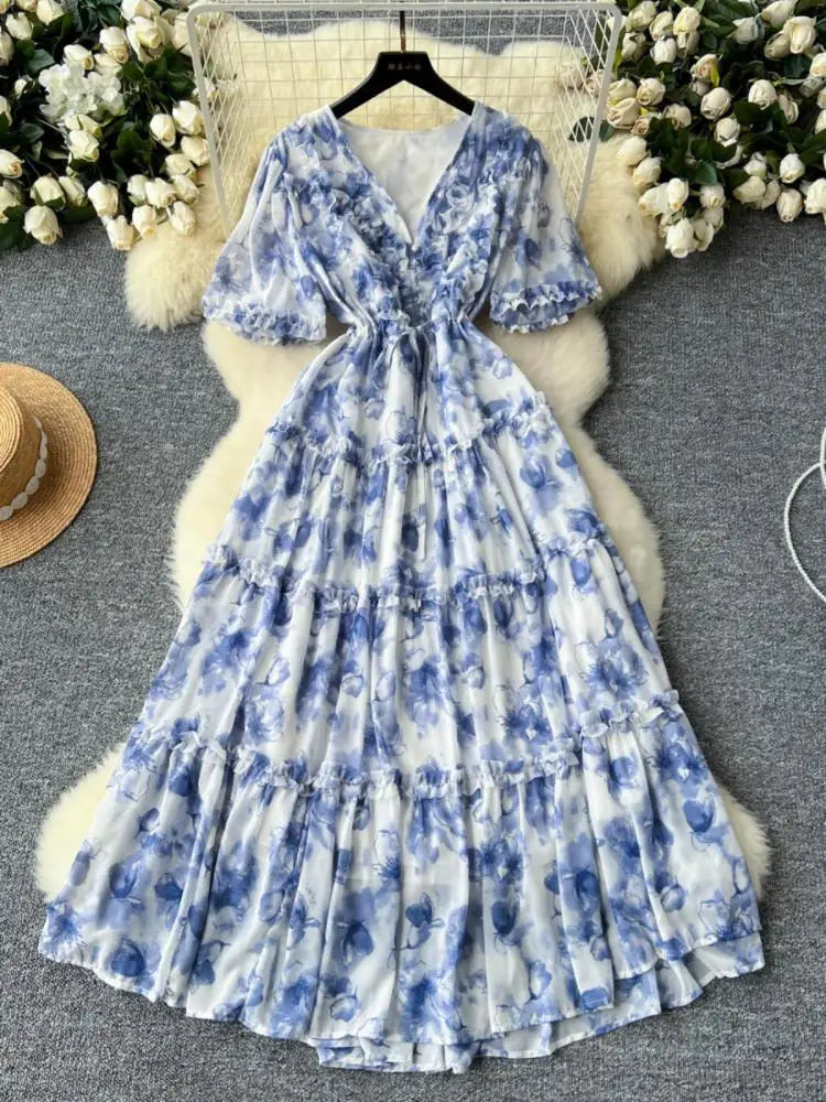French Retro Women Floral Temperament V Neck Short Sleeved Ruffles Long Dress Summer Elegant Lace-up Party Pleated Dresses Boho
