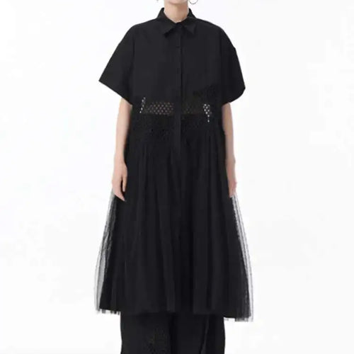 Load image into Gallery viewer, Women White Mesh Color-block Big Size Midi Shirt Dress New Lapel Short Sleeve Fashion Tide Spring Summer 2025 1DJ0045
