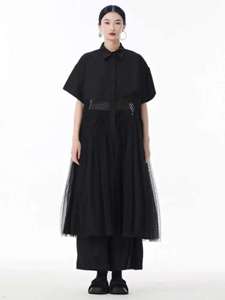 Women White Mesh Color-block Big Size Midi Shirt Dress New Lapel Short Sleeve Fashion Tide Spring Summer 2025 1DJ0045