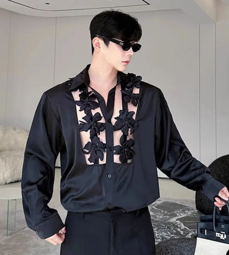 Men's Shirts Long Sleeve New Kroean Spliced Flower Hollow Out Fashion Top Turn-down Collar Single Breasted Menwear 9W1518