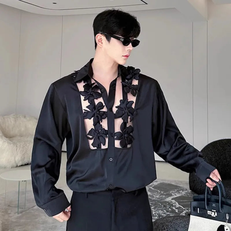 Men's Shirts Long Sleeve New Kroean Spliced Flower Hollow Out Fashion Top Turn-down Collar Single Breasted Menwear 9W1518
