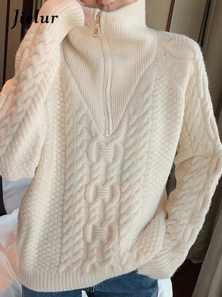 Retro Soft Loose Autumn Thick Zipper Turtleneck Sweater White Gray Women Pullover Twisted Casual Knitted Sweaters Female