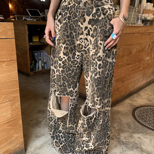 Load image into Gallery viewer, Leopard Ripped Wide Leg Jeans For Women High Waist Patchwork Button Loose Fashion Denim Pant Female Clothing
