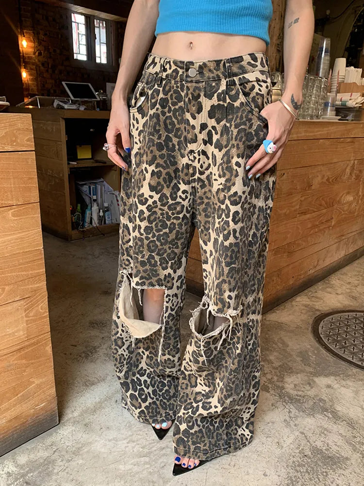 Leopard Ripped Wide Leg Jeans For Women High Waist Patchwork Button Loose Fashion Denim Pant Female Clothing