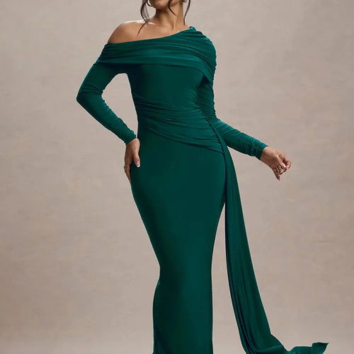 Load image into Gallery viewer, Elegant Long Sleeve Slanted Shoulder Party Club Evening Dress For Women 2025 New Dress Sexy Shrink Fold Winter Vestidos
