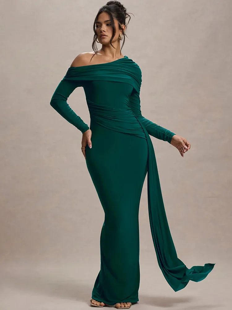 Elegant Long Sleeve Slanted Shoulder Party Club Evening Dress For Women 2025 New Dress Sexy Shrink Fold Winter Vestidos
