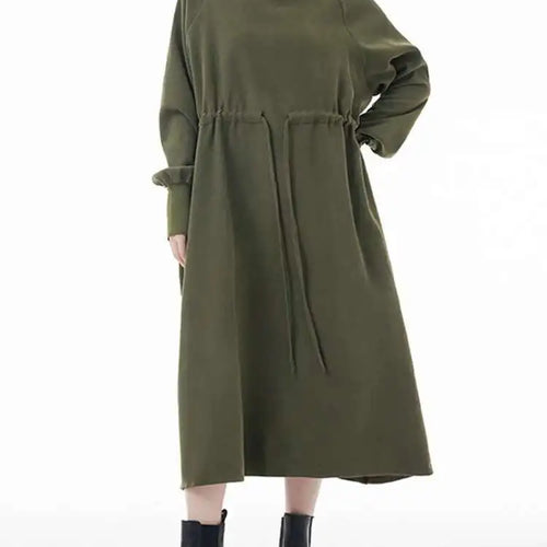 Load image into Gallery viewer, Women Army Green Big Size A-line Long Dress New Round Neck Long Sleeve Loose Fashion Tide Spring Autumn 2025 1DH3874
