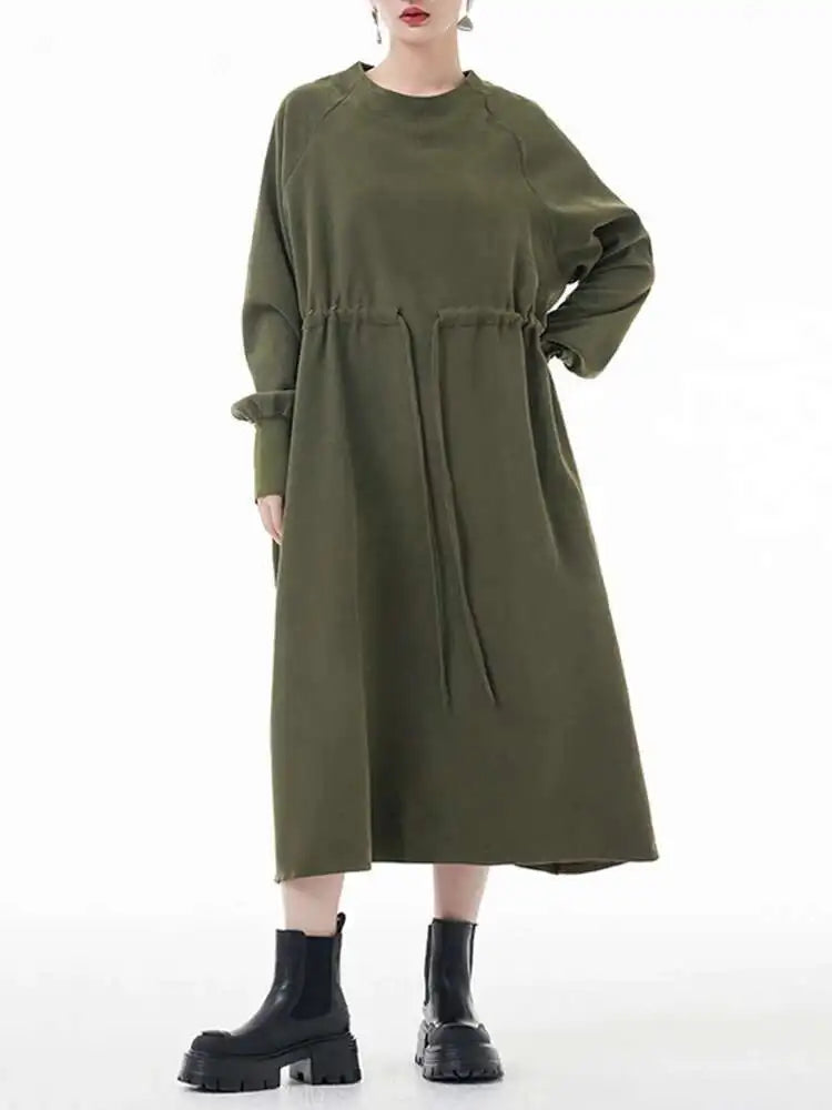 Women Army Green Big Size A-line Long Dress New Round Neck Long Sleeve Loose Fashion Tide Spring Autumn 2025 1DH3874