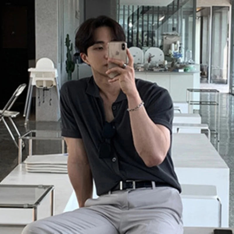 Men's Knitted Short Sleeve T-shirt Youth Handsome Turn-down Neck T-shirts New Korean Summer Loose Top Trendy 2025 9W1359