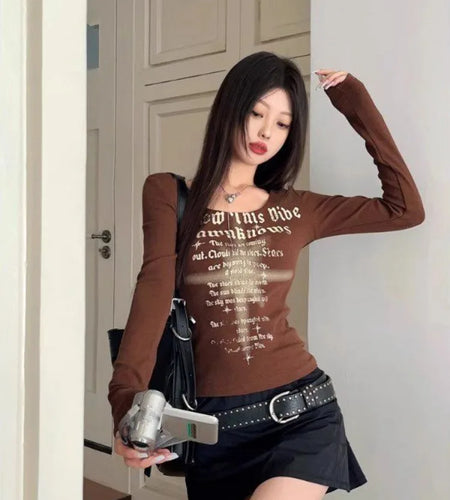 Letter Print Y2k Aesthetic Tee Shirts Femme Casual Vintage Slim Fit Grunge Tops Streetwear Harajuku Women Crop Tshirts Simple