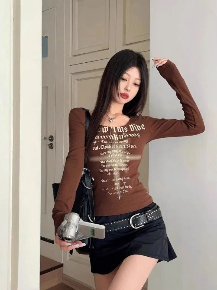 Letter Print Y2k Aesthetic Tee Shirts Femme Casual Vintage Slim Fit Grunge Tops Streetwear Harajuku Women Crop Tshirts Simple