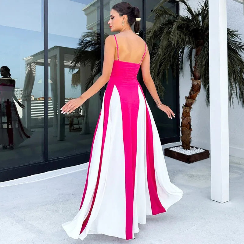 Patchwork Spaghetti Strap Maxi Dress For Women Color Contrast Slipdress Ladies Sleeveless Backless Loose Long Dress