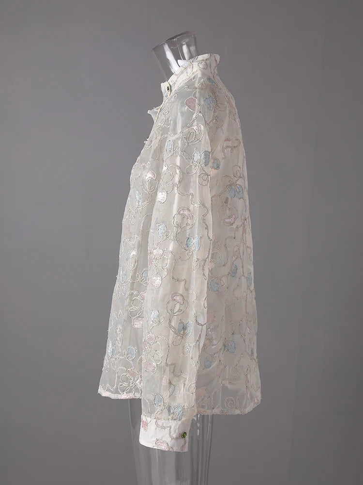 Women Apricot Embroidery Thin Big Size Blouse New Stand Collar Long Sleeve Shirt Fashion Tide Spring Summer 2025 CPG3123