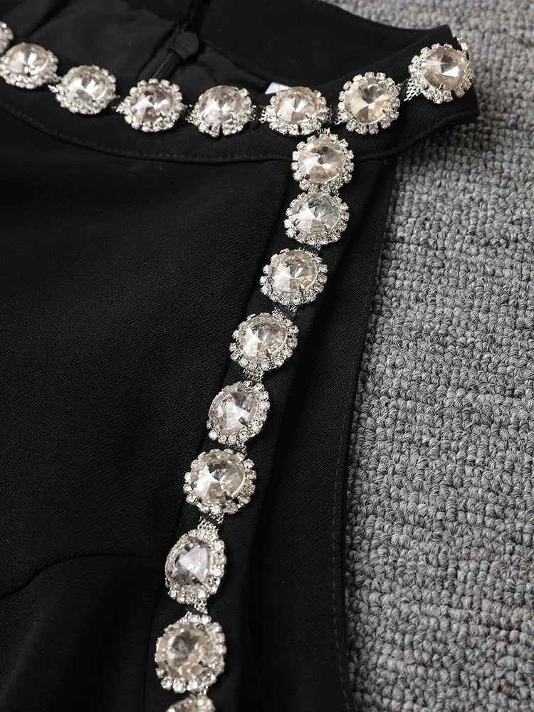 Women Black Rhinestones Spliced Elegant Slim Vest Dress New Round Neck Sleeveless Fashion Tide Spring Summer 2025 CPG2981