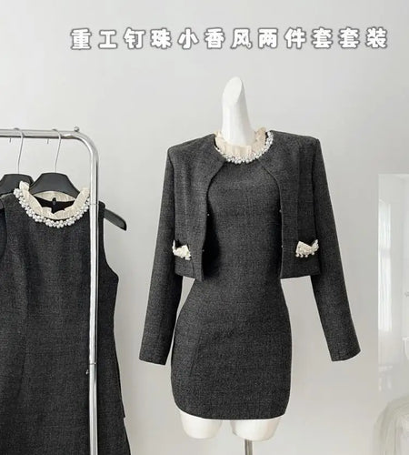 Autumn Winter Fashion Women's Set 2024 New Korean Gray Button Short Coat And Round Neck Ruffles Pearl Vest Dress Two Piece Suits