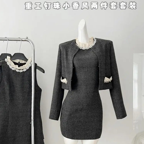 Load image into Gallery viewer, Autumn Winter Fashion Women's Set 2024 New Korean Gray Button Short Coat And Round Neck Ruffles Pearl Vest Dress Two Piece Suits
