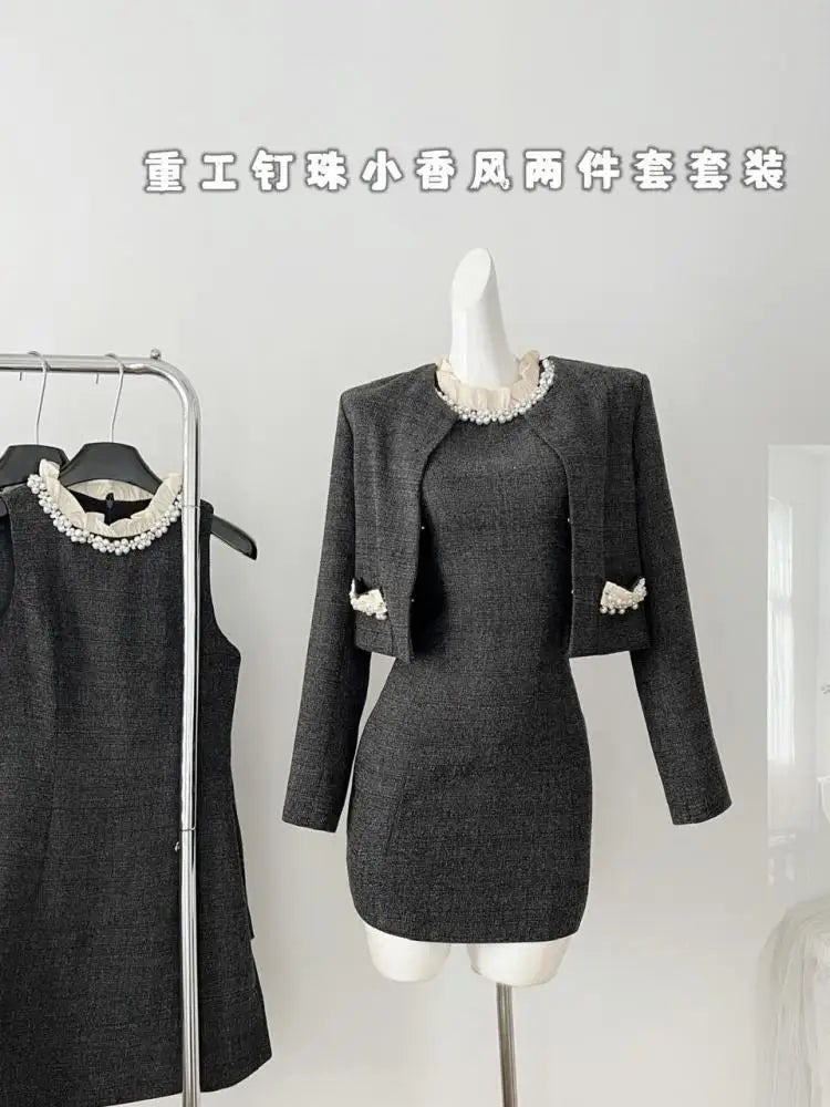 Autumn Winter Fashion Women's Set 2024 New Korean Gray Button Short Coat And Round Neck Ruffles Pearl Vest Dress Two Piece Suits