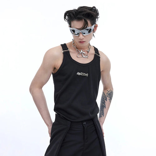 Load image into Gallery viewer, Niche Style Men&#39;s Tank Tops Letter Metal Shoulder Strap Slim Fit Round Collar Sleeveless Male Vest Chic Summer  9C6753
