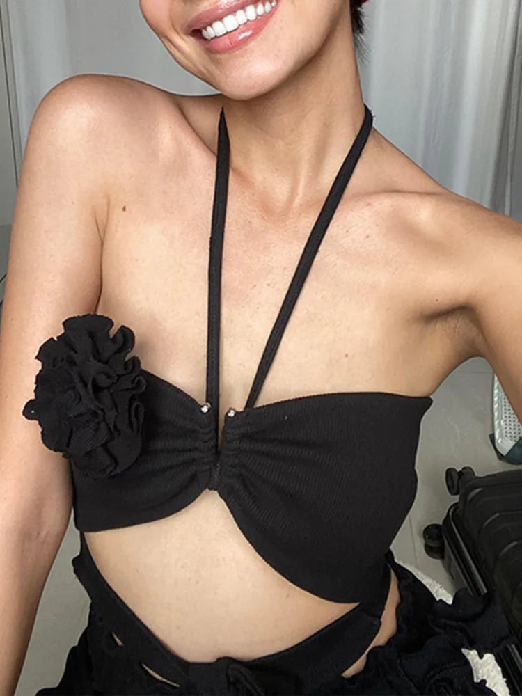 Summer New Sexy Pure Desire Hollow Out Flower Suspended Top Women Lace Up Wrapped Tank Top Female Slim Beachwear