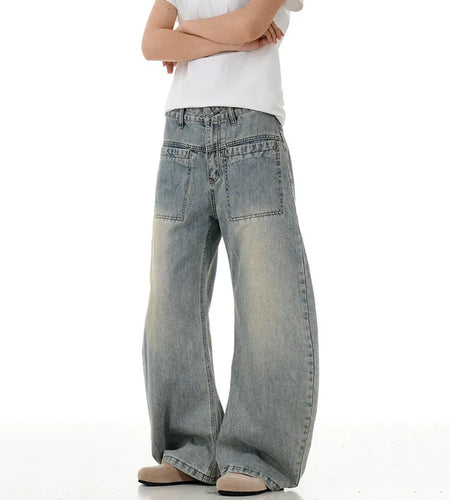 High Street  Men's Jeans New American Style Denim Pants Loose Curved Knife Straight Wide Leg Simple Male Trousers 9W1716