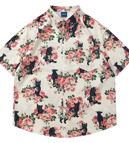 Men Oversized Hawaiian Shirts Black Cat Floral Graphic Print Button Up Blouse 2024 Harajuku Loose Short Sleeve Summer Beach Tops