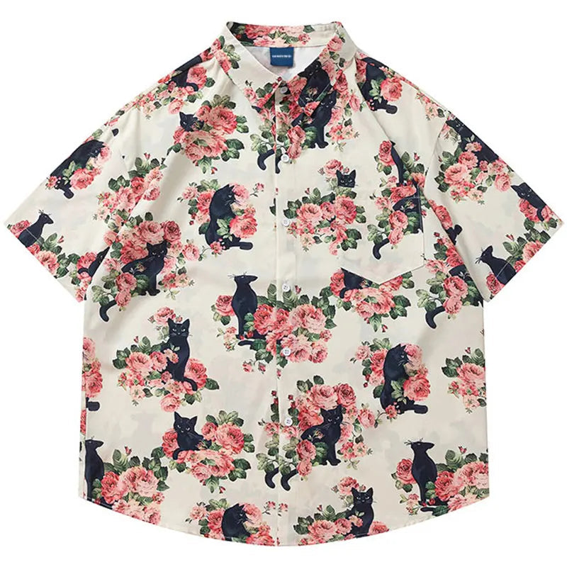 Men Oversized Hawaiian Shirts Black Cat Floral Graphic Print Button Up Blouse 2024 Harajuku Loose Short Sleeve Summer Beach Tops