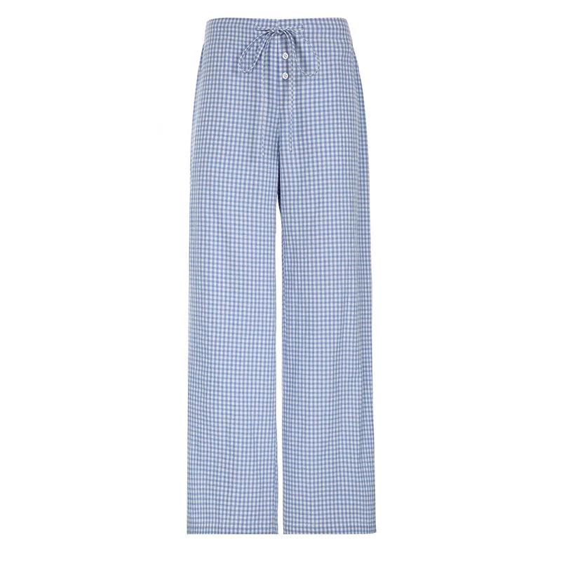 Casual Blue Plaid Pants Women Homewear Korean Fashion Basic Buttons Lace-Up Full Length Trousers Bottoms Straight New