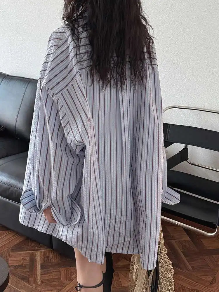 Women Apricot Striped Textured Big Size Long Blouse New Lapel Long Sleeve Shirt Fashion Tide Spring Autumn 2025  1DJ0598