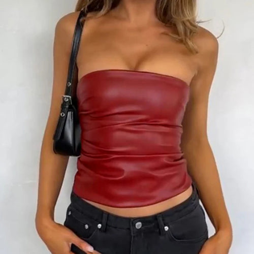 Load image into Gallery viewer, Sexy Solid Wrinkled PU Leather Skinny Tube Camisole Women Summer Street Basic Solid Cropped Tops Y2K Aesthetic Hottie
