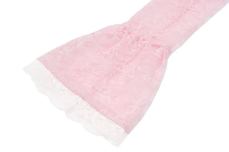 Lace Flare Long Sleeve Sexy Mini Dress For Women Robe Autumn New Pink O Neck A-line High Waist Pleated Dress Elegant