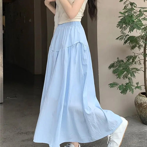 Load image into Gallery viewer, Vintage White Elastic High Waist A-line Skirt For Women Blue Elegant Lace-up Pleated Long Skirt 2024 Summer Ladies Versatile New
