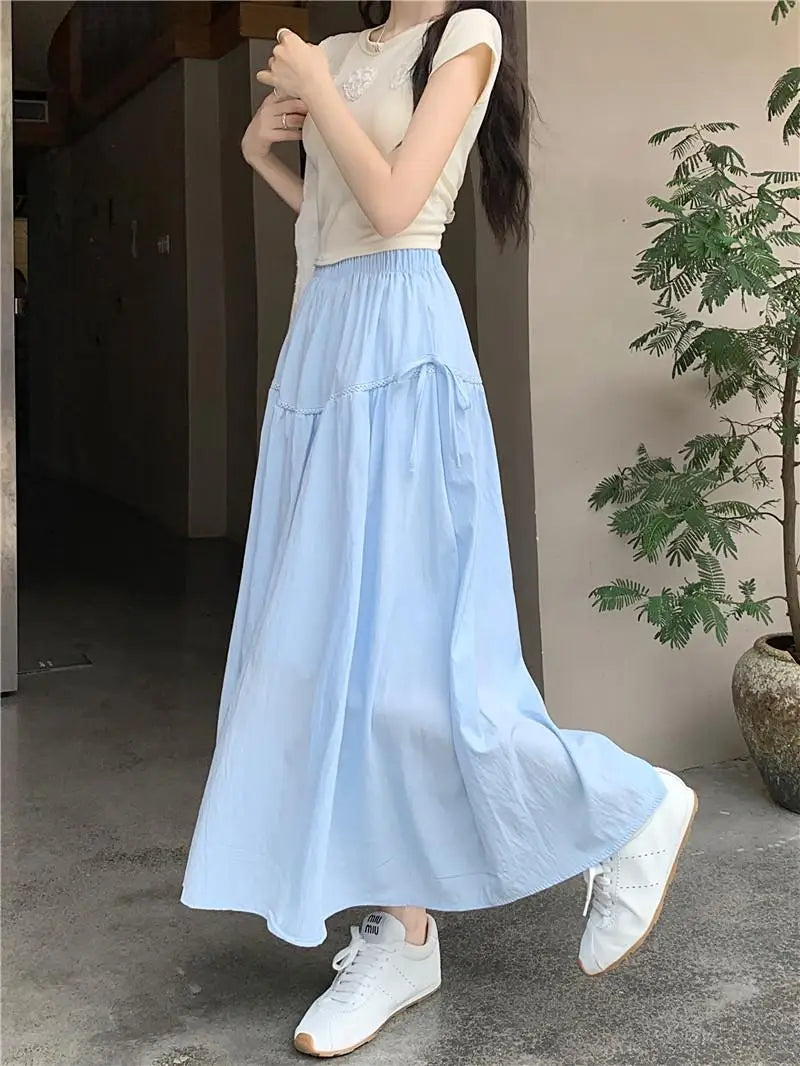 Vintage White Elastic High Waist A-line Skirt For Women Blue Elegant Lace-up Pleated Long Skirt 2024 Summer Ladies Versatile New