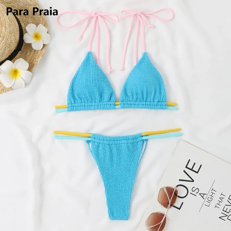 Brazilian Bikini 2024 Female Solid Thong Swimsuit Women  High Cut Swimwear Push Up Bikini Set Halter Bathing Suit